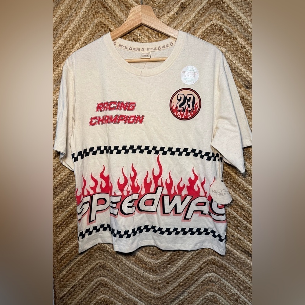 Recycled Threads Men's Beige Racing Graphic Flame Tshirt "Speedway," Size L,NWT